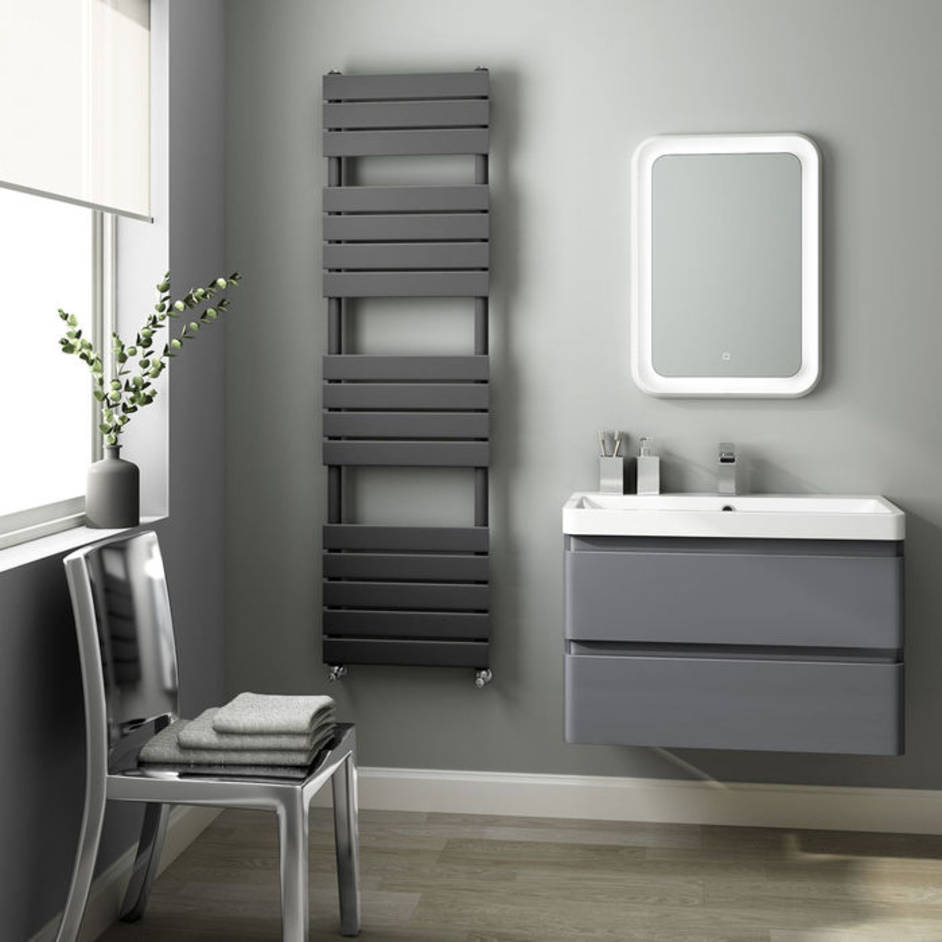 (O94) 1600x450mm Anthracite Flat Panel Ladder Towel Radiator. RRP £424.99. Made with low carbon - Image 2 of 3