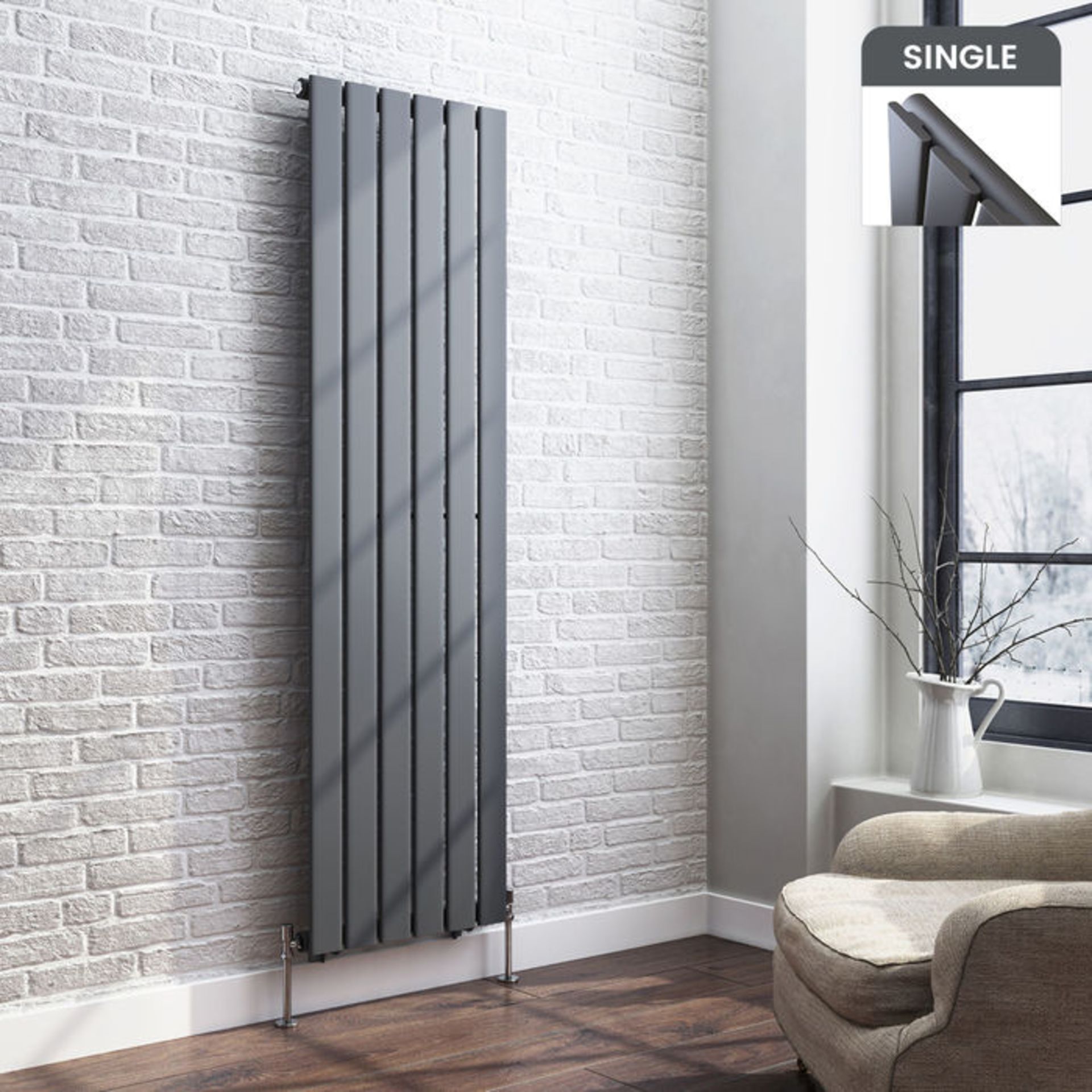 (O140) 1600x452mm Anthracite Single Flat Panel Vertical Radiator. RRP £349.99. Made from low