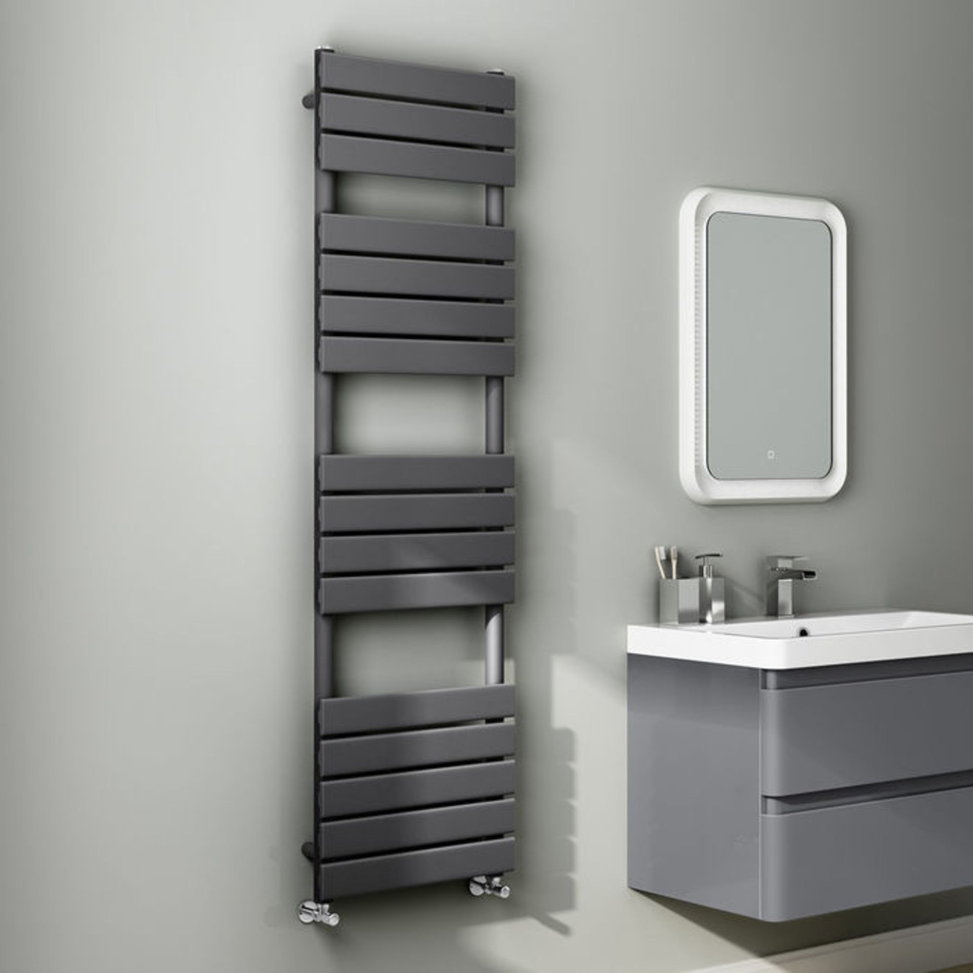 (O94) 1600x450mm Anthracite Flat Panel Ladder Towel Radiator. RRP £424.99. Made with low carbon