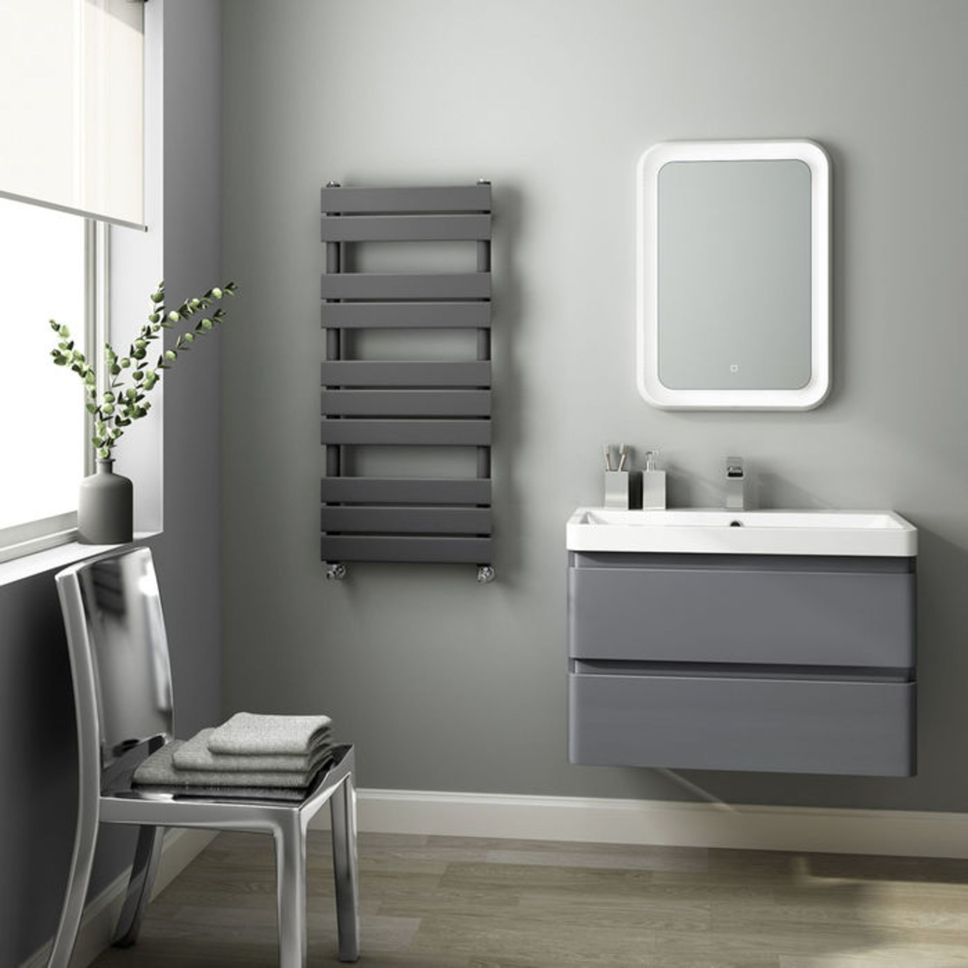 (O7) 1000x450mm Anthracite Flat Panel Ladder Towel Radiator. RRP £299.99. Made with low carbon - Image 2 of 3