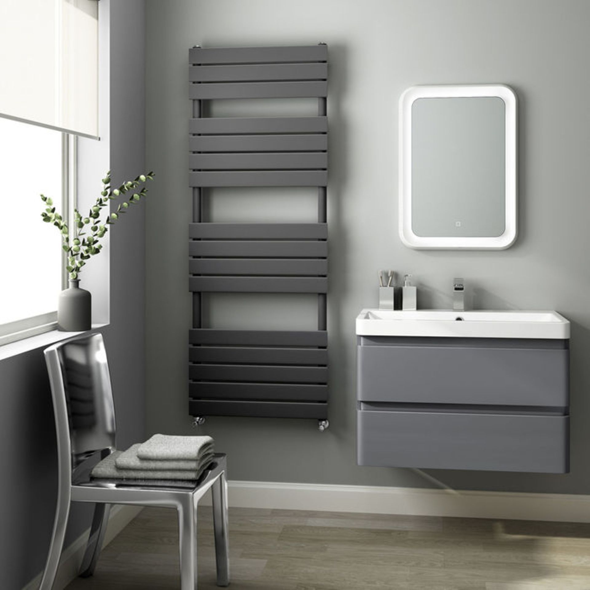 (O42) 1600x600mm Anthracite Flat Panel Ladder Towel Radiator. Made with low carbon steel, finished - Image 2 of 3