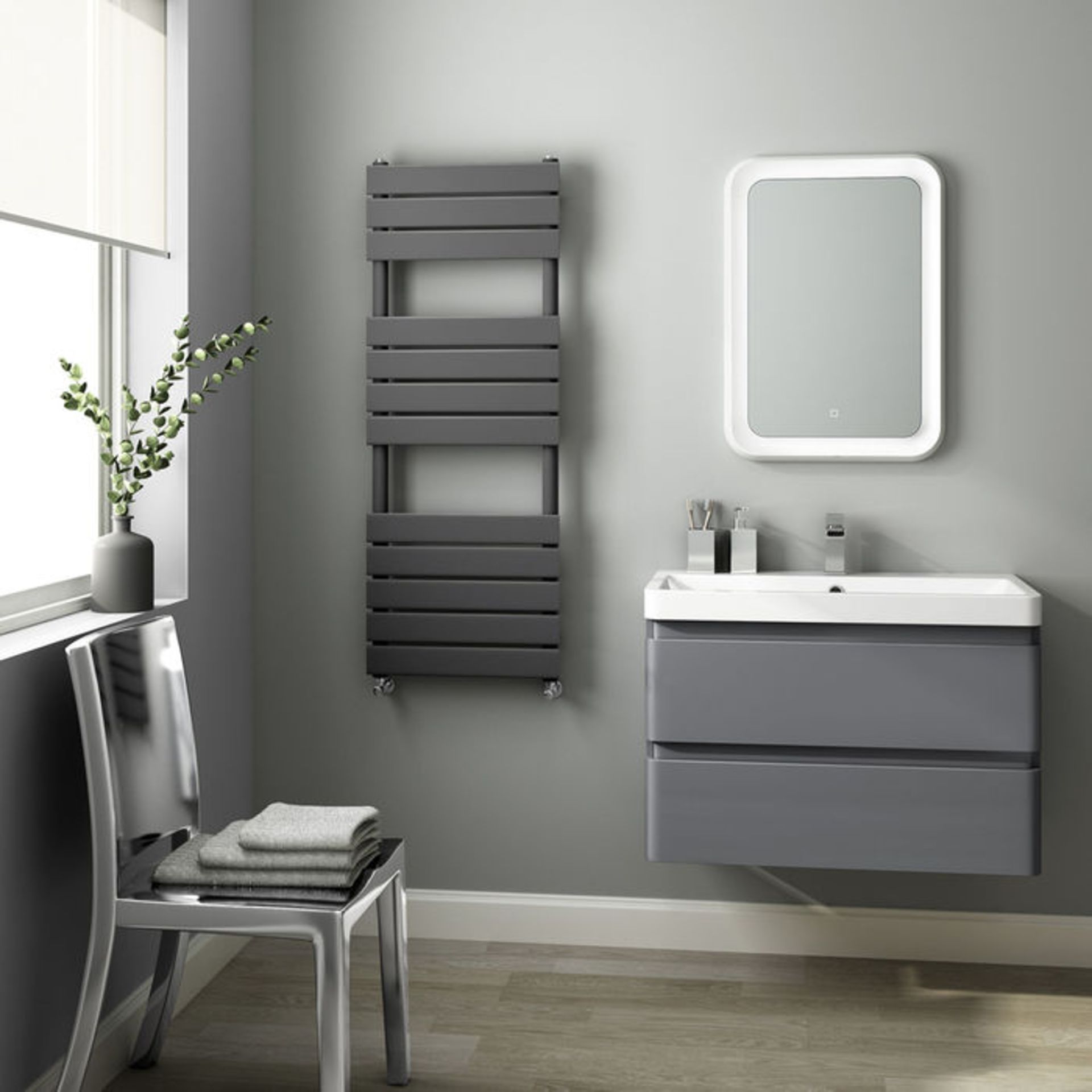 (O36) 1200x450mm Anthracite Flat Panel Ladder Towel Radiator. RRP £349.99. Made with low carbon - Image 3 of 3