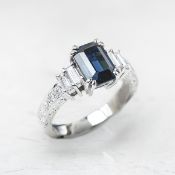 Unbranded 18k White Gold 3.03ct Step Cut Sapphire & 0.88ct Diamond Ring
