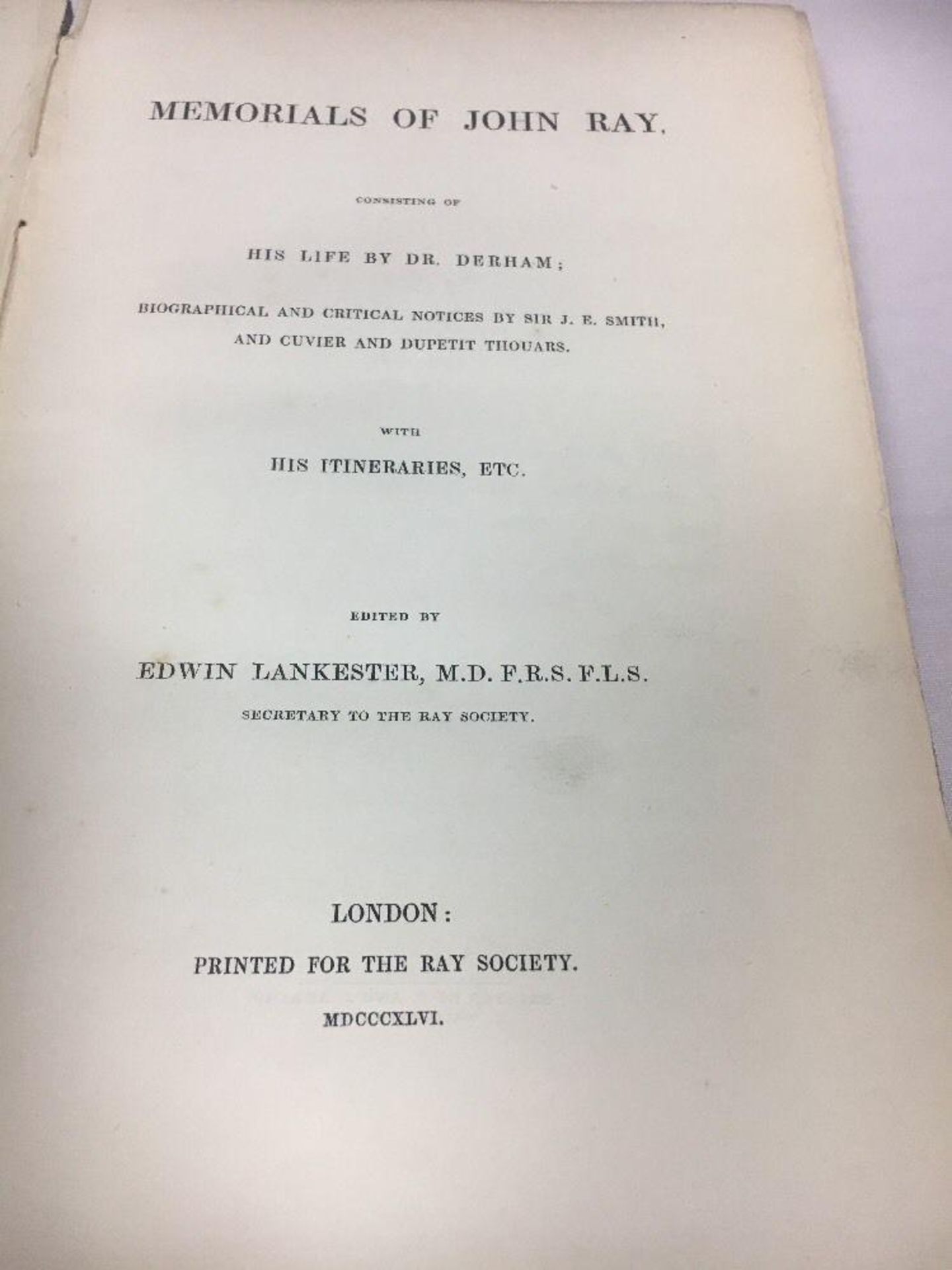 ANTIQUE BOOK - MEMORIALS OF JOHN RAY HIS LIFE BY DR. DERHAM THE RAY SOCIETY 1846 - Image 4 of 4