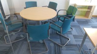1 x Round Conference Table with 6 x Blue Chairs - Please note that all stock must be moved from site