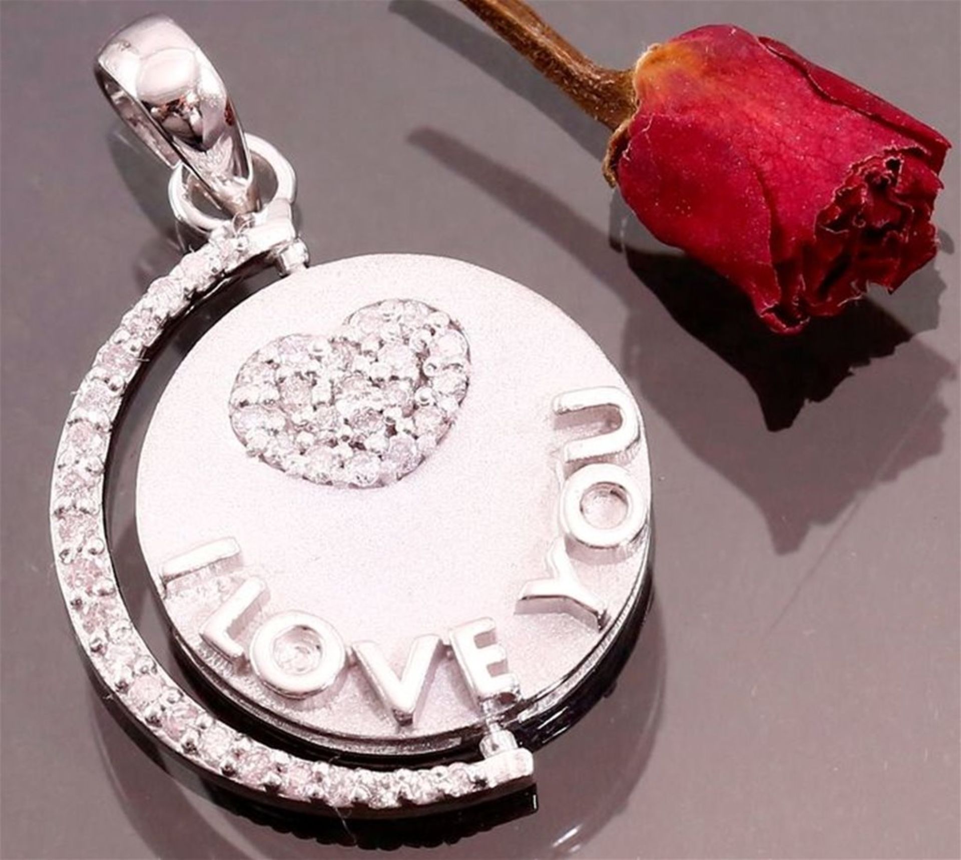 14 K White Gold Designer "I Love you" Revolving Pendant with Pink Diamonds - Image 2 of 10