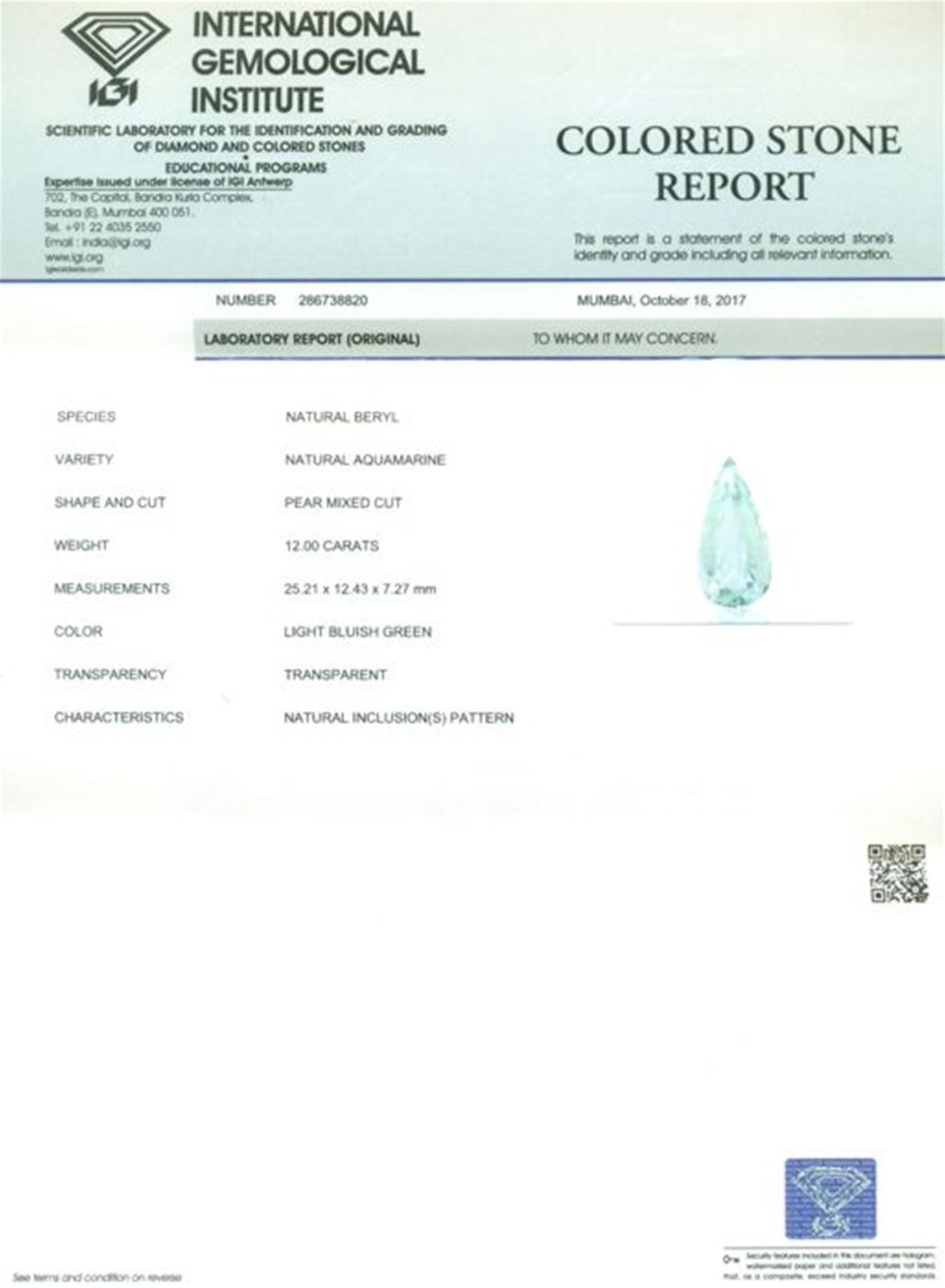 IGI Certified 12.00 ct. Aquamarine - Image 4 of 6