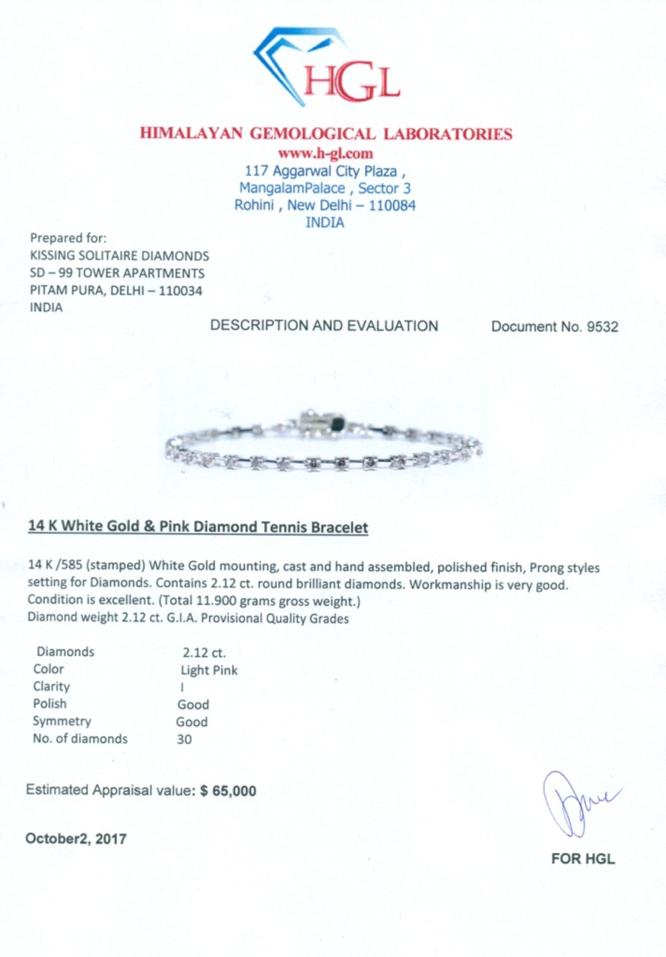 14 K / 585 White Gold & Pink Diamond Tennis Bracelet - Image 9 of 10