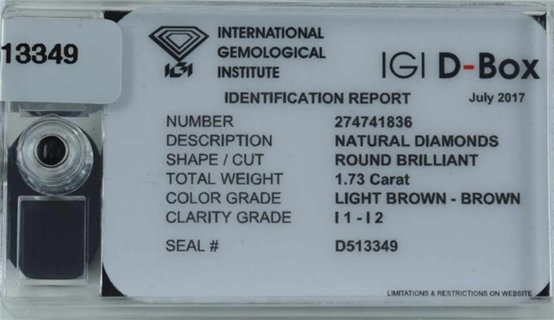 IGI Sealed 1.73 ct. “Diamond D-Box” - Light Brown - Image 4 of 4