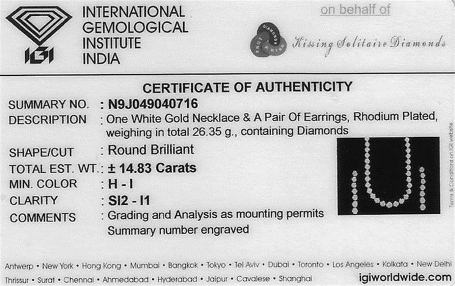 IGI Certified 14.83 ct. Solitaire Diamonds String Necklace with matching Diamond Drop Earrings - Image 4 of 4