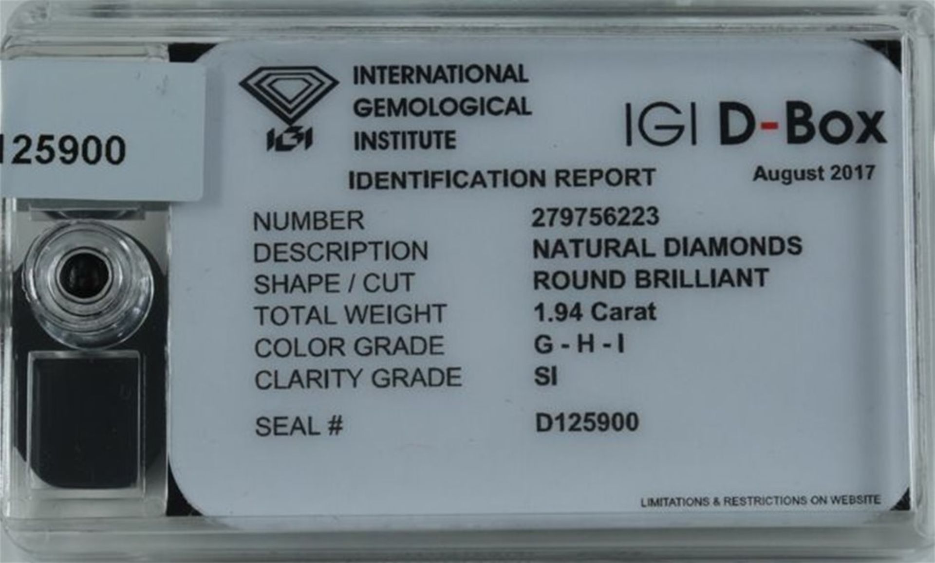 IGI Sealed 1.94 ct. "Diamond D Box" - G-H-I /SI - UNTREATED - Image 4 of 4