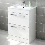 (AZ19) 600mm Avon High Gloss White Double Drawer Basin Cabinet - Floor Standing. RRP £499.99.