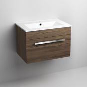 (S92) 600mm Avon Walnut Effect Basin Cabinet - Wall Hung. RRP £449.99. COMES COMPLETE WITH BASIN.