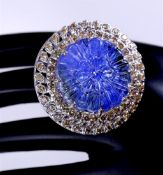 IGI Certified 14 K / 585 White Gold Floral Carved Tanzanite and Diamond Ring