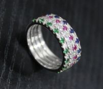 14 K / 585 White Gold Set of 4 Diamond, Blue Sapphire, Emerald and Ruby Rings