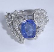 14K / 585 White Gold Blue Sapphire (IGI Cert.) & Diamond Ring