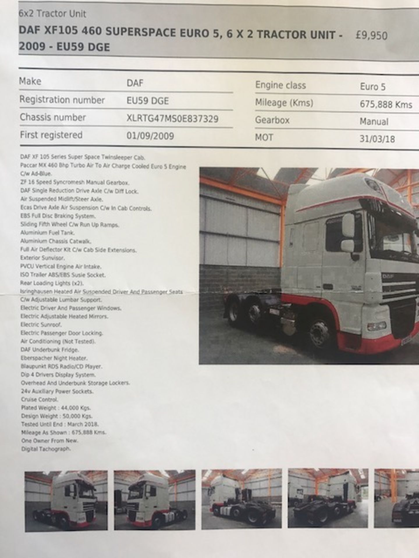 2009 DAF XF 105-460 6x2 Tractor unit - Image 9 of 9
