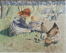 Dorothea Sharp ROI RBA (1874 -1955) Delightful watercolour “Children feeding the Chickens”