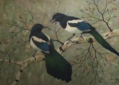 Ralston Gudgeon, Scottish RSW (1910 – 1984) large Watercolor “Magpies”