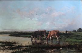 John Van Altatma Danish 19th/20th century large original oil “cattle watering”