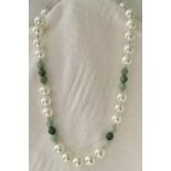 Rare calming Jadeite beads and shell 12 mm pearls 925 silver S Clasp Necklace