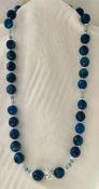 Blue round 12 mm faceted Agate Beads Blue Opal Necklace 20.5 inch long 925 silver toggle clasp