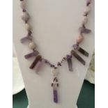 Contemporary Necklace Kunzite Amethyst cultured freshwater pearl on 925 silver clasp