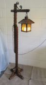 Solid oak antique lantern adjustable floor lamp circa 1949