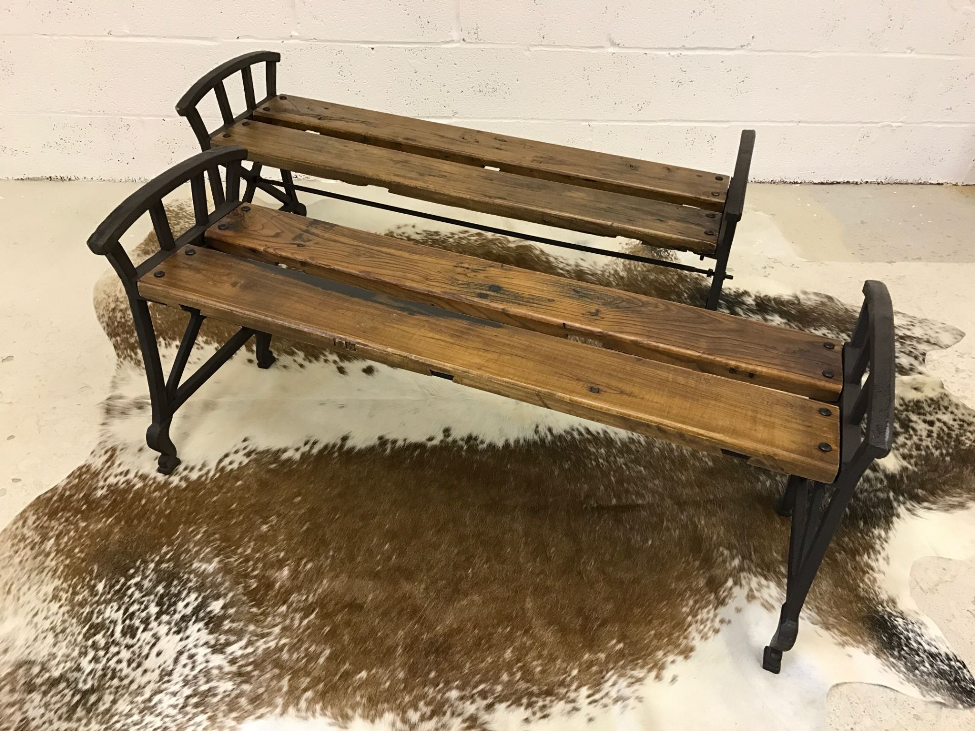 Pair of rustic benches with cast iron ends