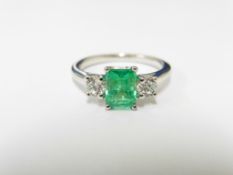 Platinum Emerald diamond trilogy ring,7mmx5mm 1ct natural emerald,0.20ct diamonds(2x0.10ct) si2