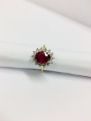 18ct yellow/white gold Ruby diamond cluster ring,2.50ct ruby (treated),9mmx7mm,0.56ct diamonds,si2 I