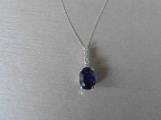 9ct white gold Sapphire diamond drop pendant and 9ct white gold necklace,6mmx 4mm sapphire