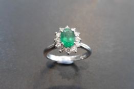 Platinum Emerald and diamond cluster ring,1ct natural Zambian emerald,0.24ct diamond h colour si