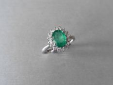Platinum emerald diamond cluster ring,2ct 8mmx6mm emerald Zambian natural,0.36ct diamonds h colour