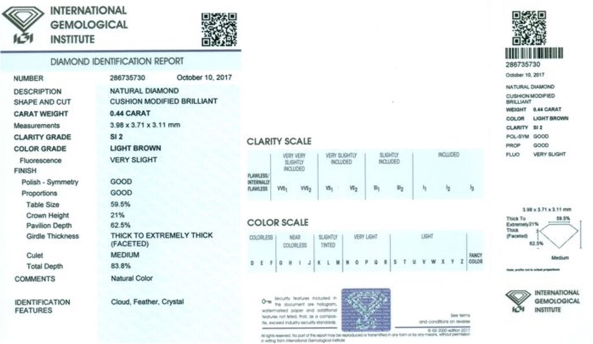 IGI Certified 0.44 ct. Cushion Modified Brilliant Diamond - Light Brown - SI 2 UNTREATED - Image 2 of 6