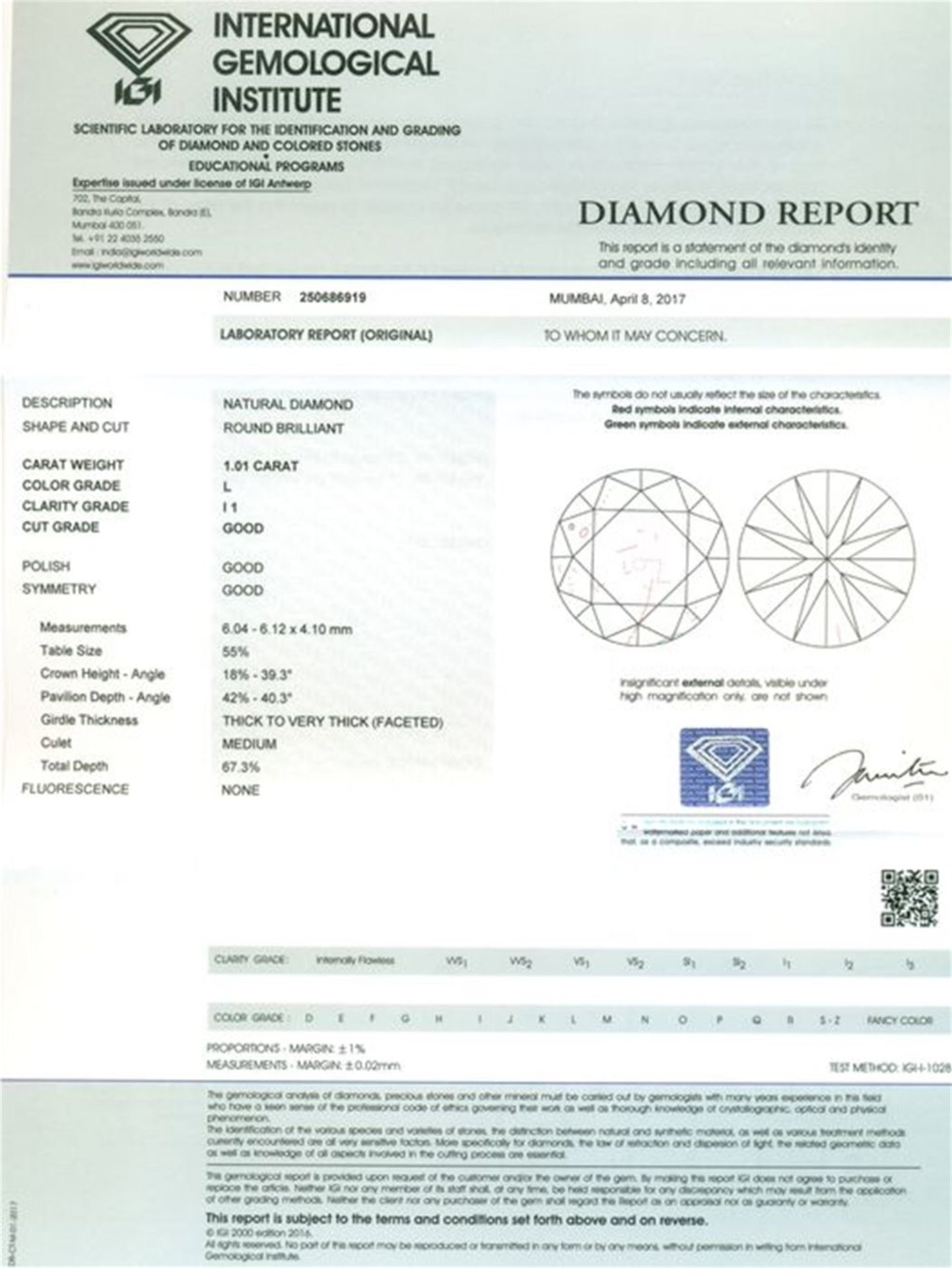 IGI Certified 1.01 ct. Round Brilliant Diamond - L - I 1 UNTREATED - Image 2 of 6