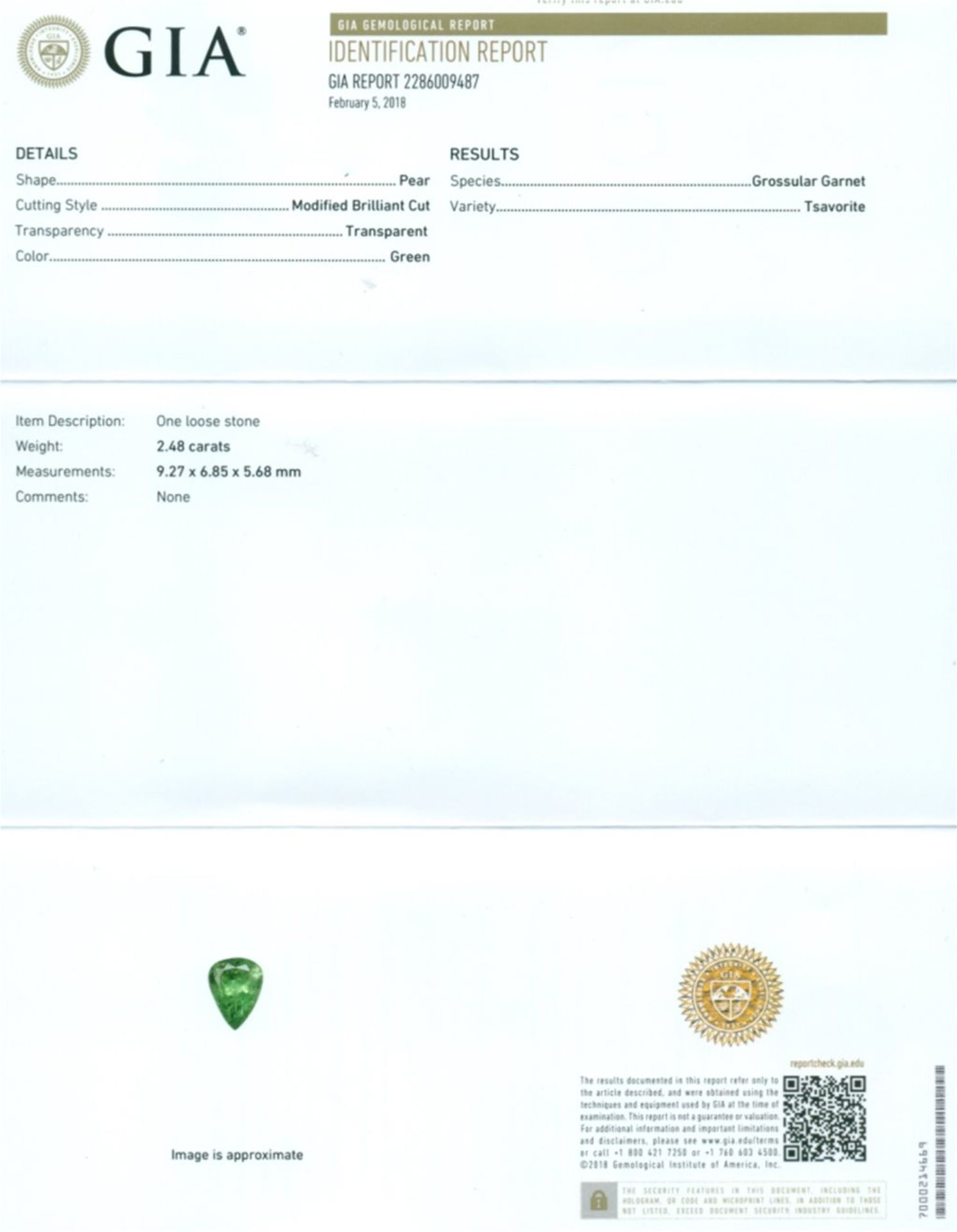 GIA Certified 2.48 ct. Tsavorite (Grossularite - Garnet) KENYA - Image 2 of 6