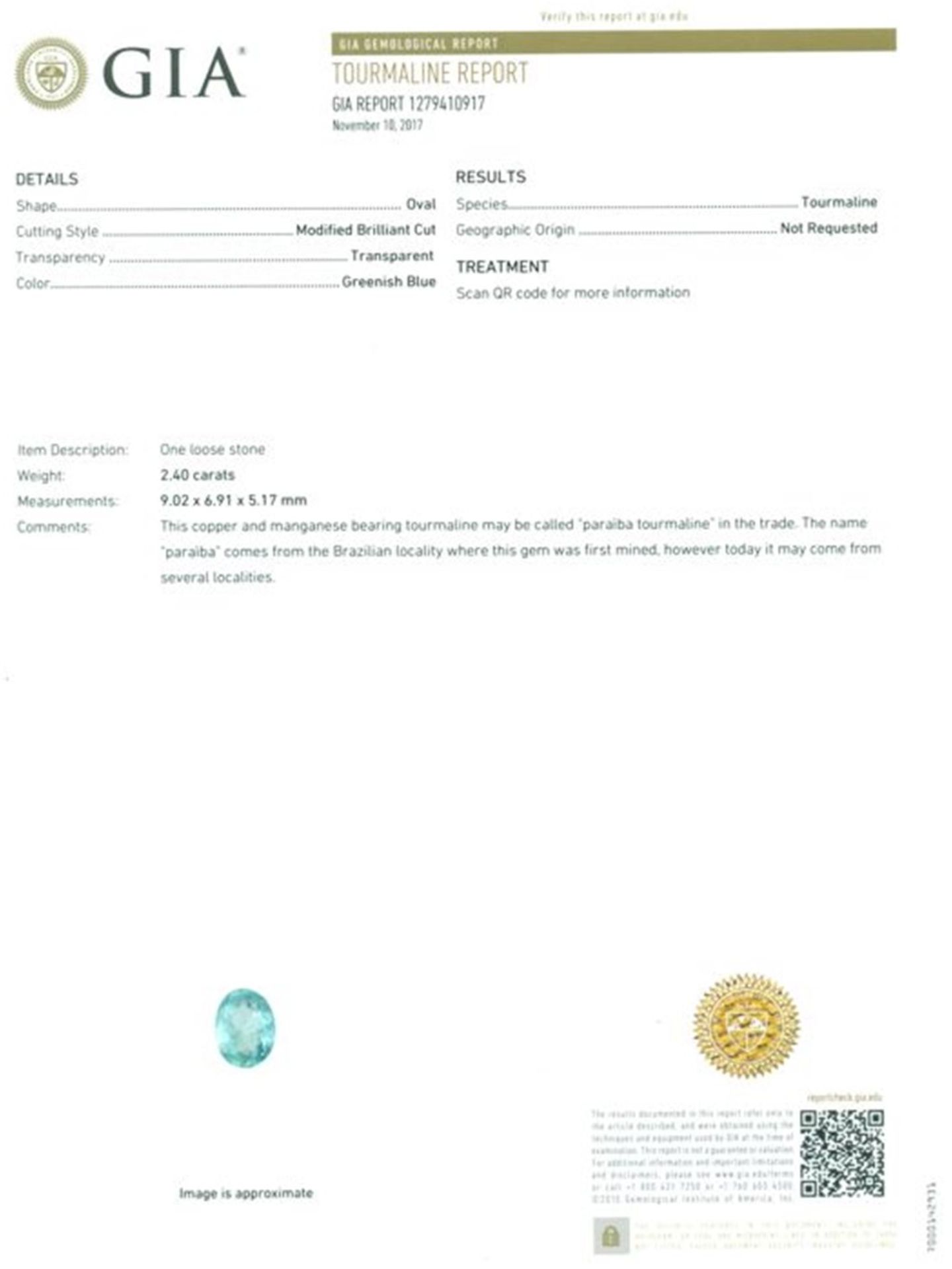 GIA Certified 2.40 ct. Neon Greenish Blue Paraiba Tourmaline - Image 2 of 6