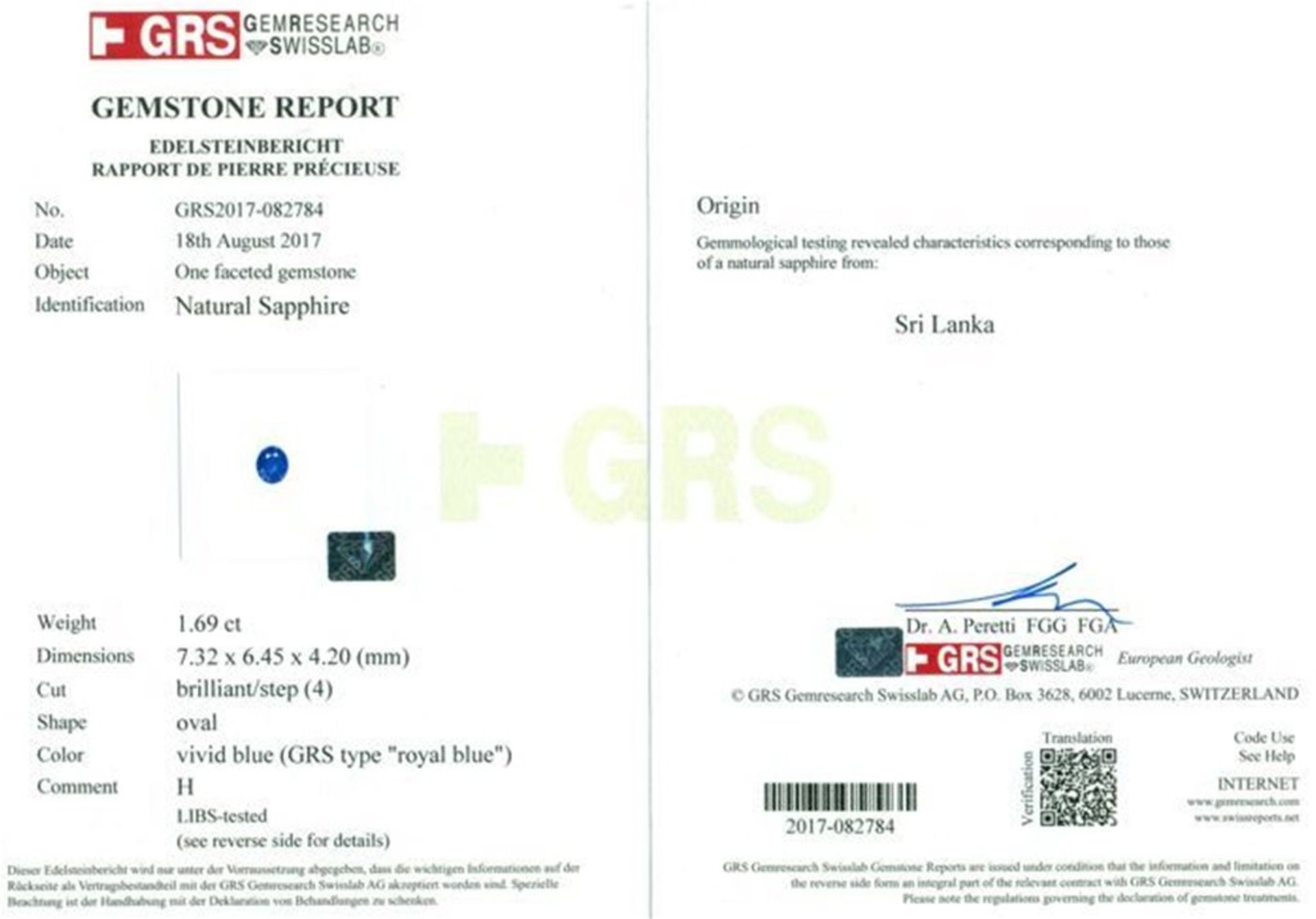 GRS Certified 1.69 ct. Blue Sapphire (Royal Blue) SRI LANKA - Image 2 of 8