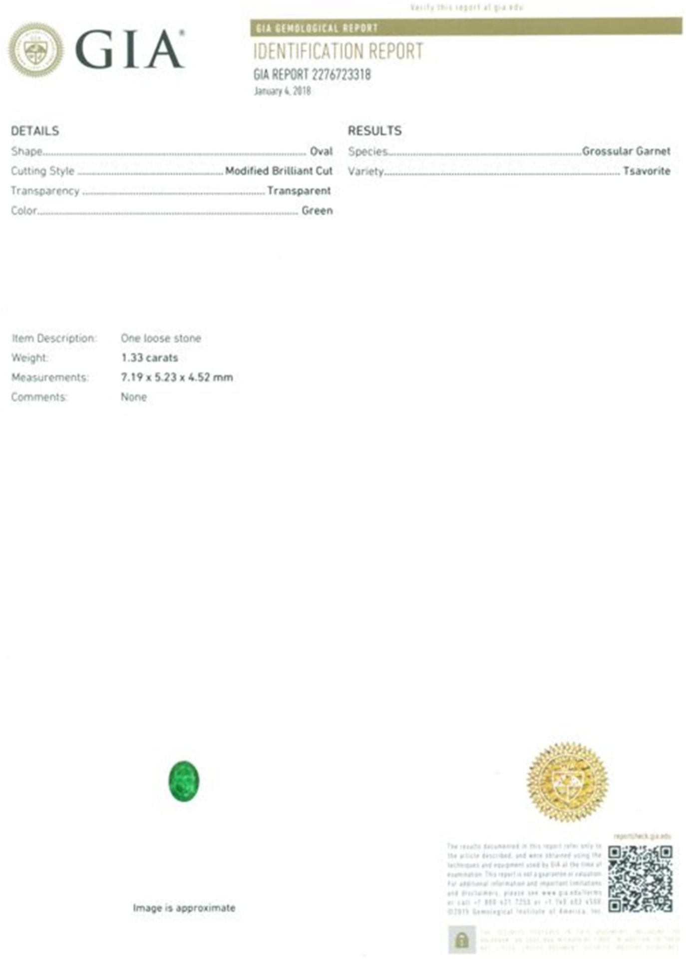 GIA Certified 1.33 ct. Tsavorite (Grossularite - Garnet) KENYA - Image 2 of 6