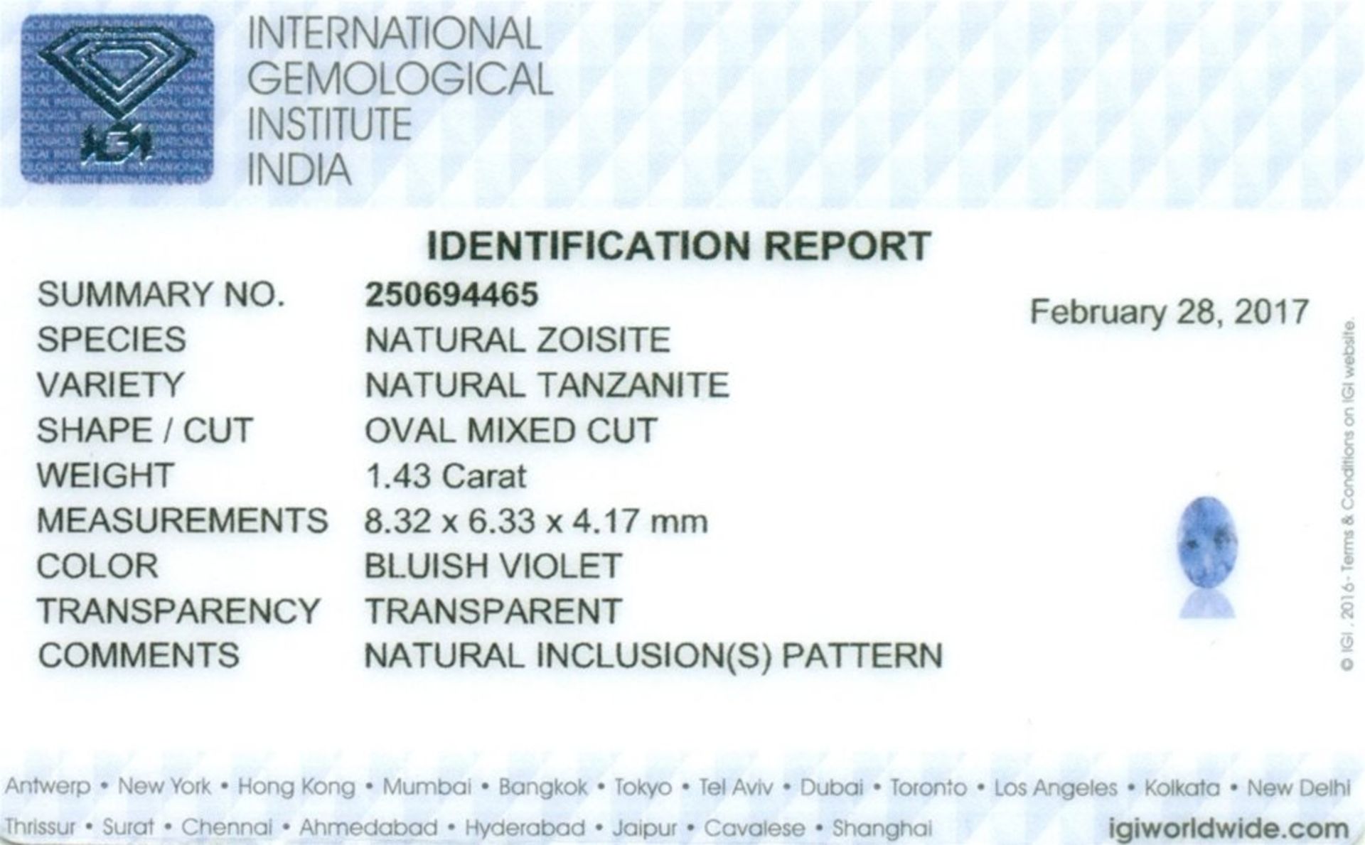 IGI Certified 1.43 ct. Tanzanite - TANZANIA - Image 2 of 7