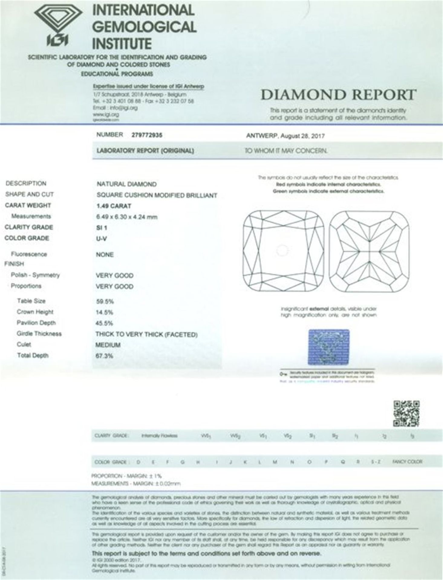 IGI Certified 1.49 ct. Diamond - U - V - SI 1 UNTREATED - Image 2 of 6