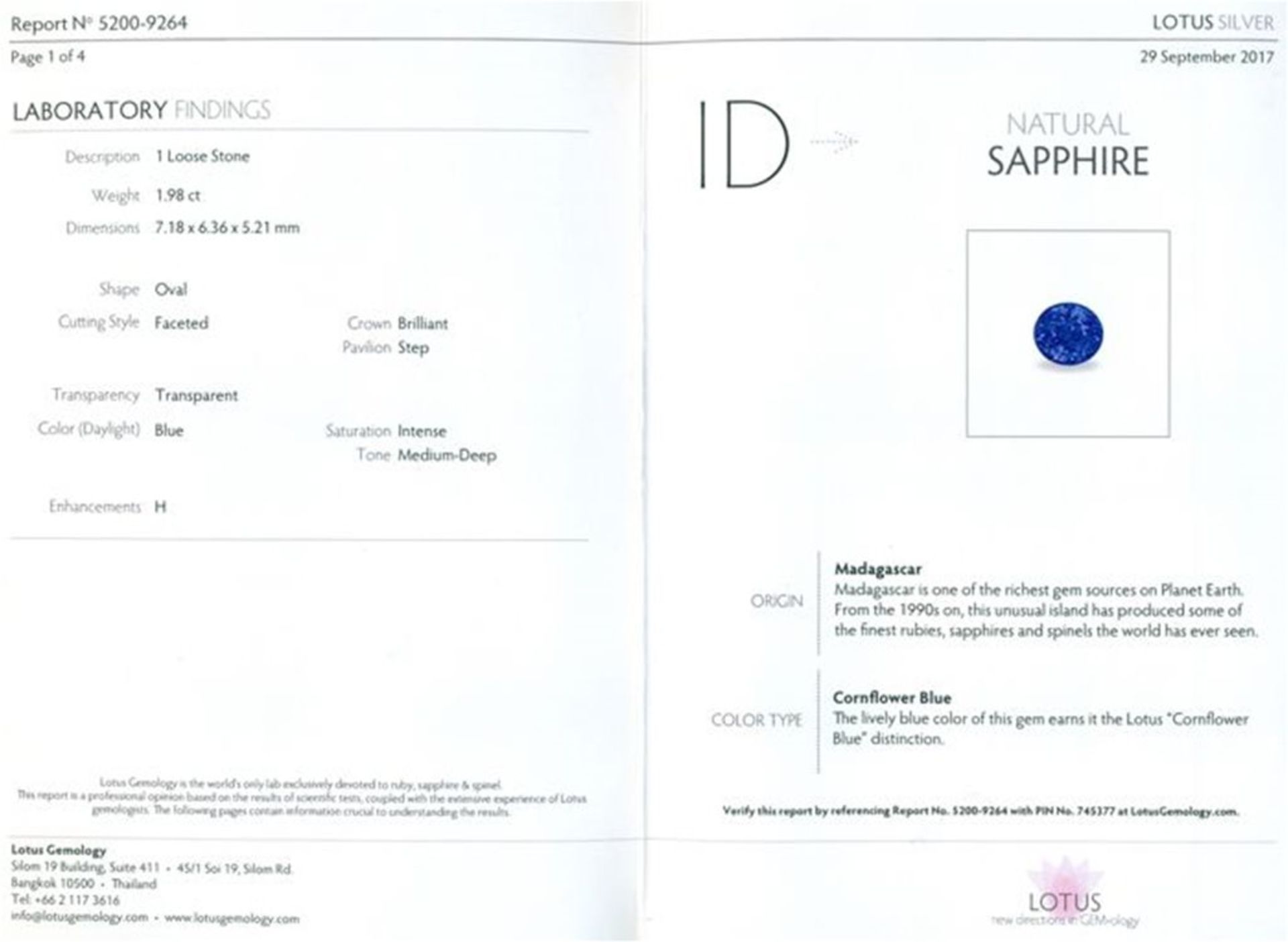 LOTUS Certified 1.98 ct. Blue Sapphire - Cornflower Blue - Image 2 of 8