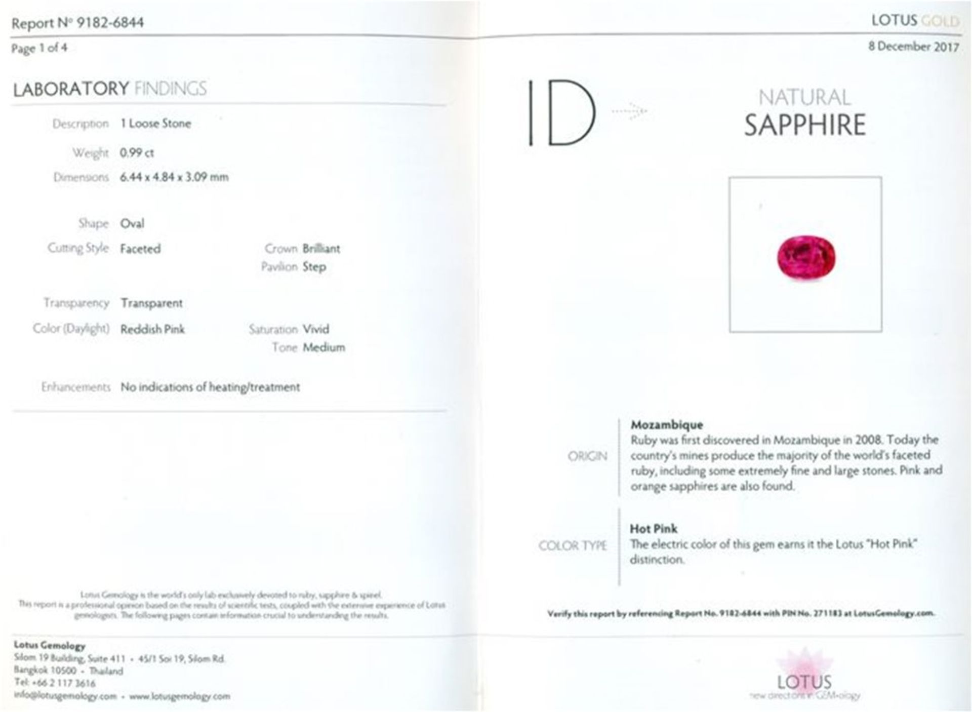 LOTUS Certified 0.99 ct. Hot Pink Sapphire MOZAMBIQUE - Image 2 of 10