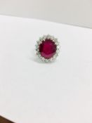 Ruby diamond cluster Ring ,18ct white gold,6ct 13mx11mm Oval natural Ruby treatment fracture,18