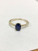 14ct stamped sapphire diamond dress ring,stamped and tested 14ct yellow,7mmx5mm sapphire 1ct,