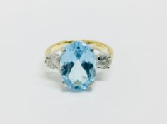 9ct yellow/white gold Blue Topaz diamond three stone,6ct Blue Topaz 14x12m ,0.50ct brilliant cut