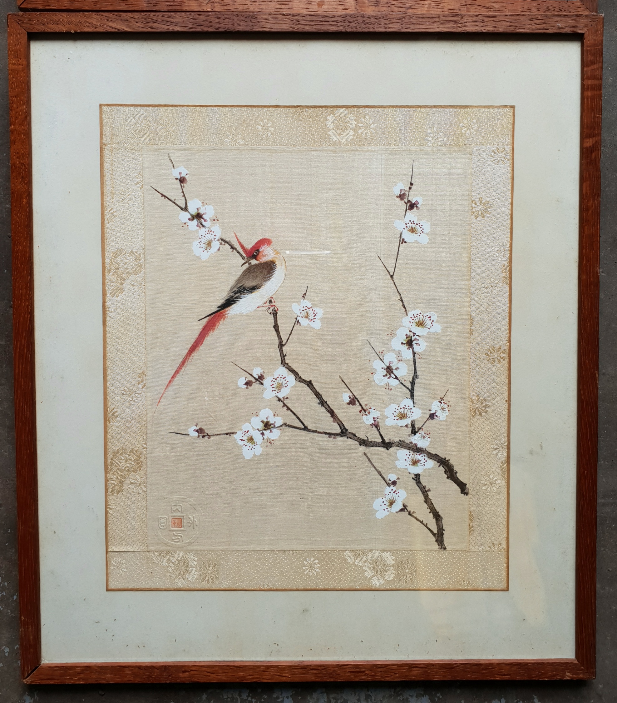 Vintage Retro Art 2 x Framed Japanese Painted Silk Pictures of Birds & Blossom - Image 2 of 4