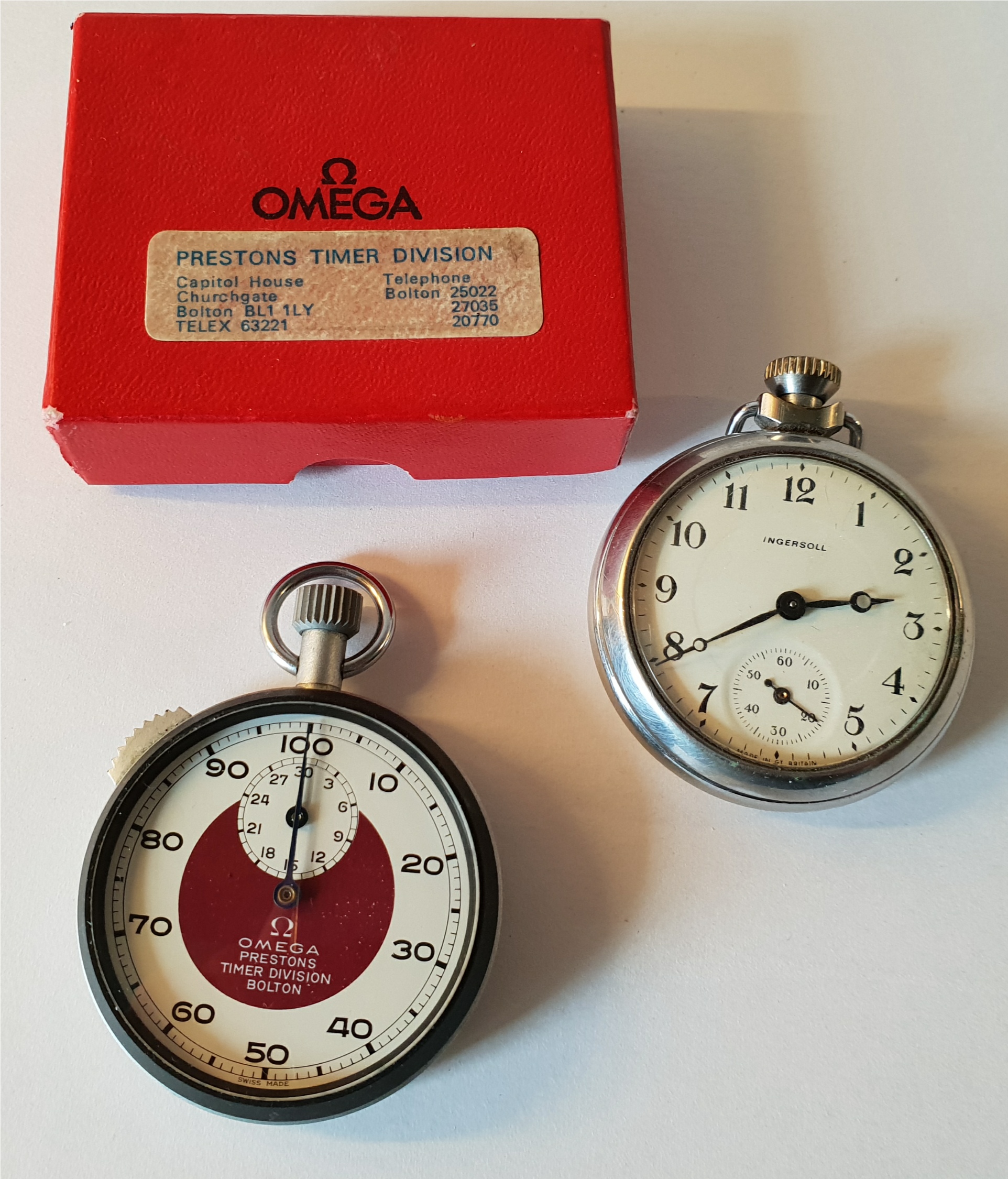 Vintage Retro Omega Prestons Timer Division Stop Watch & Ingersol Pocket Watch