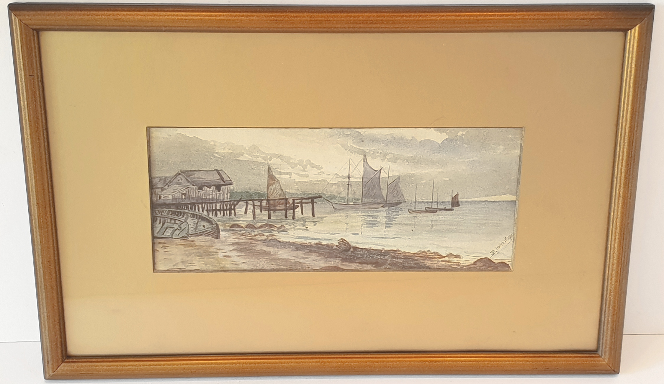 Antique Art Framed Watercolour Painting Dated 1921 Coastal Scene Monogram R Lower Right NO RESERVE